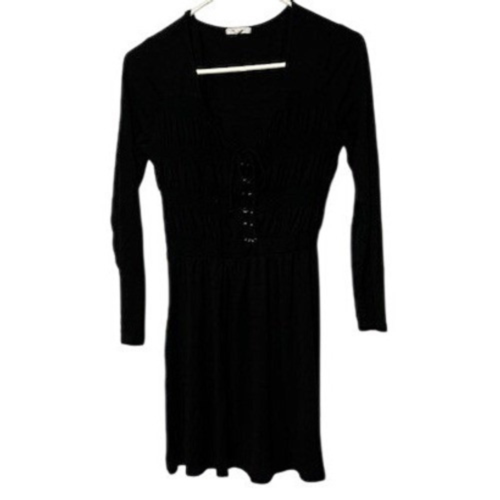 Black Long Sleeve Lace Up V-Neck Mini Dress Ribbed Bodice Fit and Flare Womens